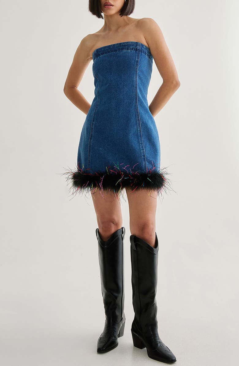 NASTY GAL Feather Hem Strapless Denim Minidress, Main, color, Authentic Denim