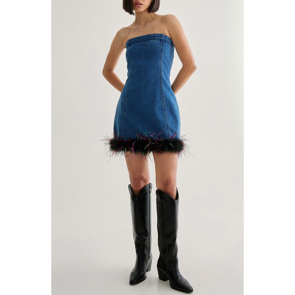 Nasty Gal Feather Hem Strapless Denim Minidress In Authentic Denim