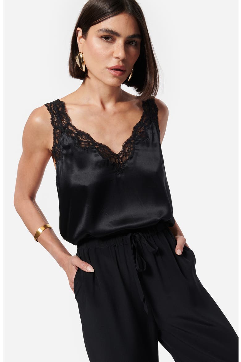 Fernanda Lace Trim Silk Charmeuse Tank, Alternate, color, BLACK