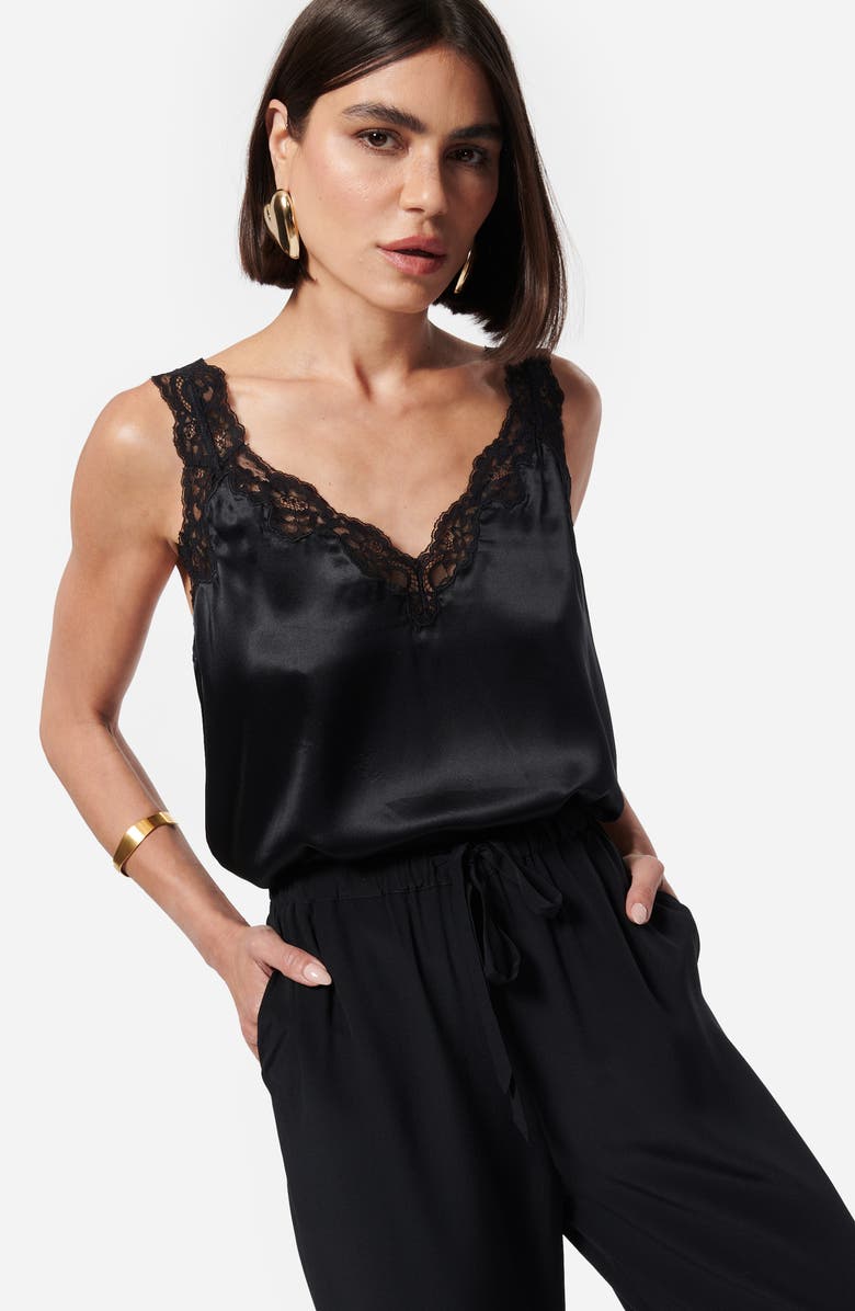 CAMI NYC Fernanda Lace Trim Silk Charmeuse Tank, Alternate, color, Black