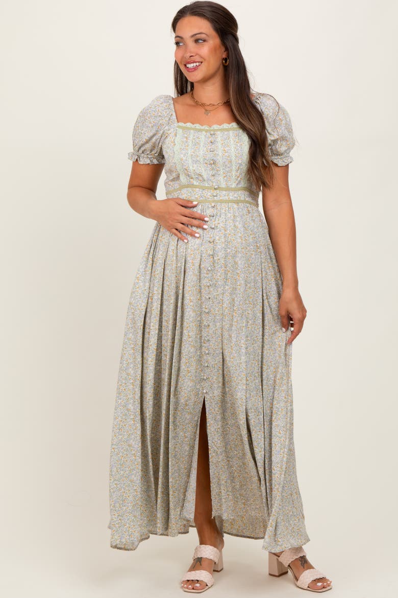 Floral Lace Trim Maxi Dress, Alternate, color, Light Olive
