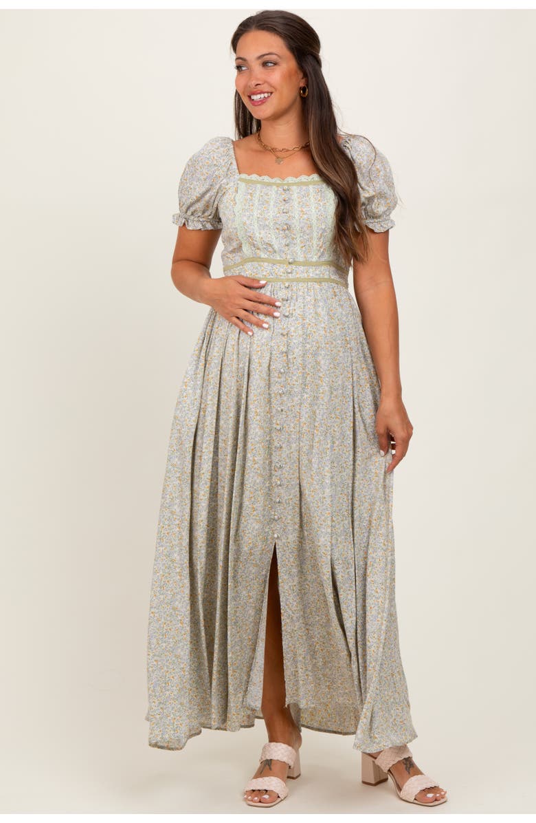 PinkBlush Floral Lace Trim Maxi Dress, Alternate, color, Light Olive