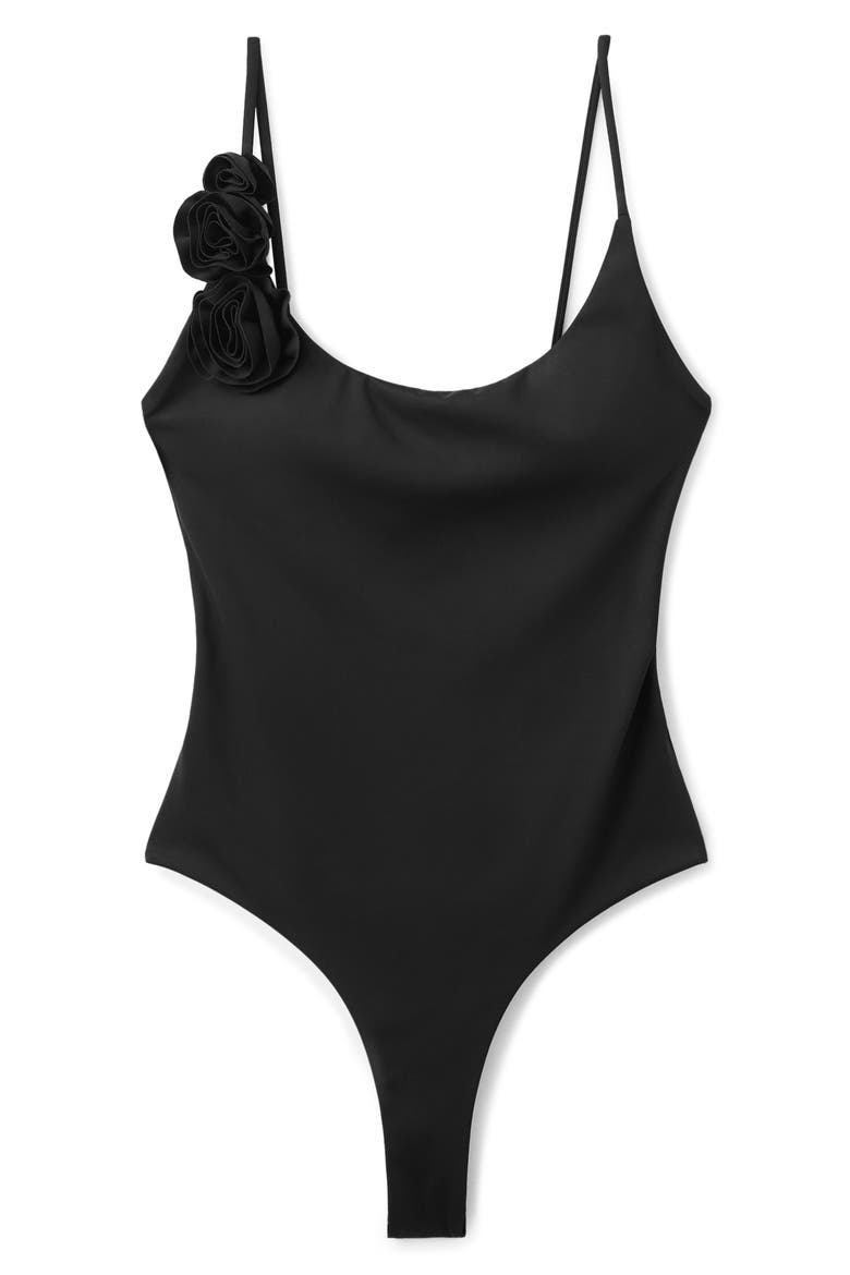 Floral Strap One-Piece Swimsuit, Main, color, BLACK