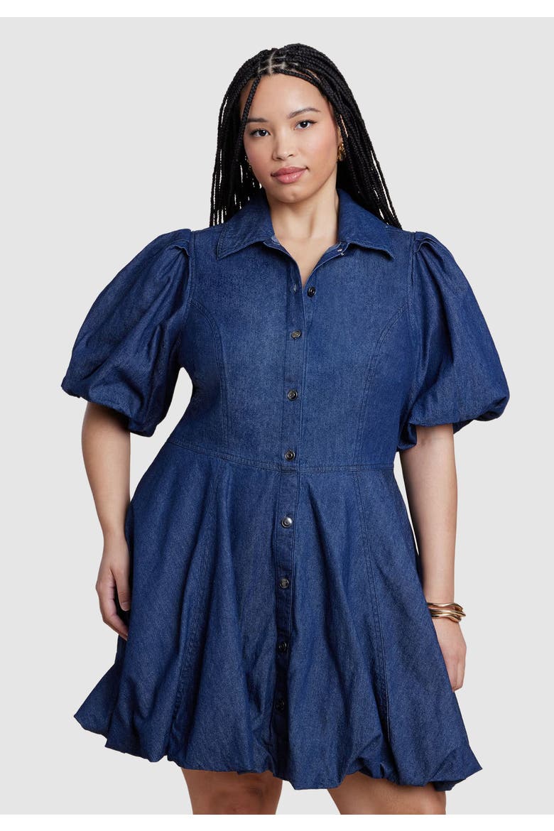 Bubble Detail Denim Mini Dress, Alternate, color, DARK WASH