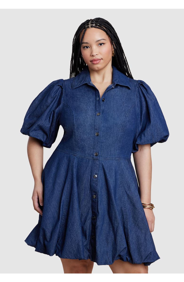 ELOQUII Bubble Detail Denim Mini Dress, Alternate, color, Dark Wash