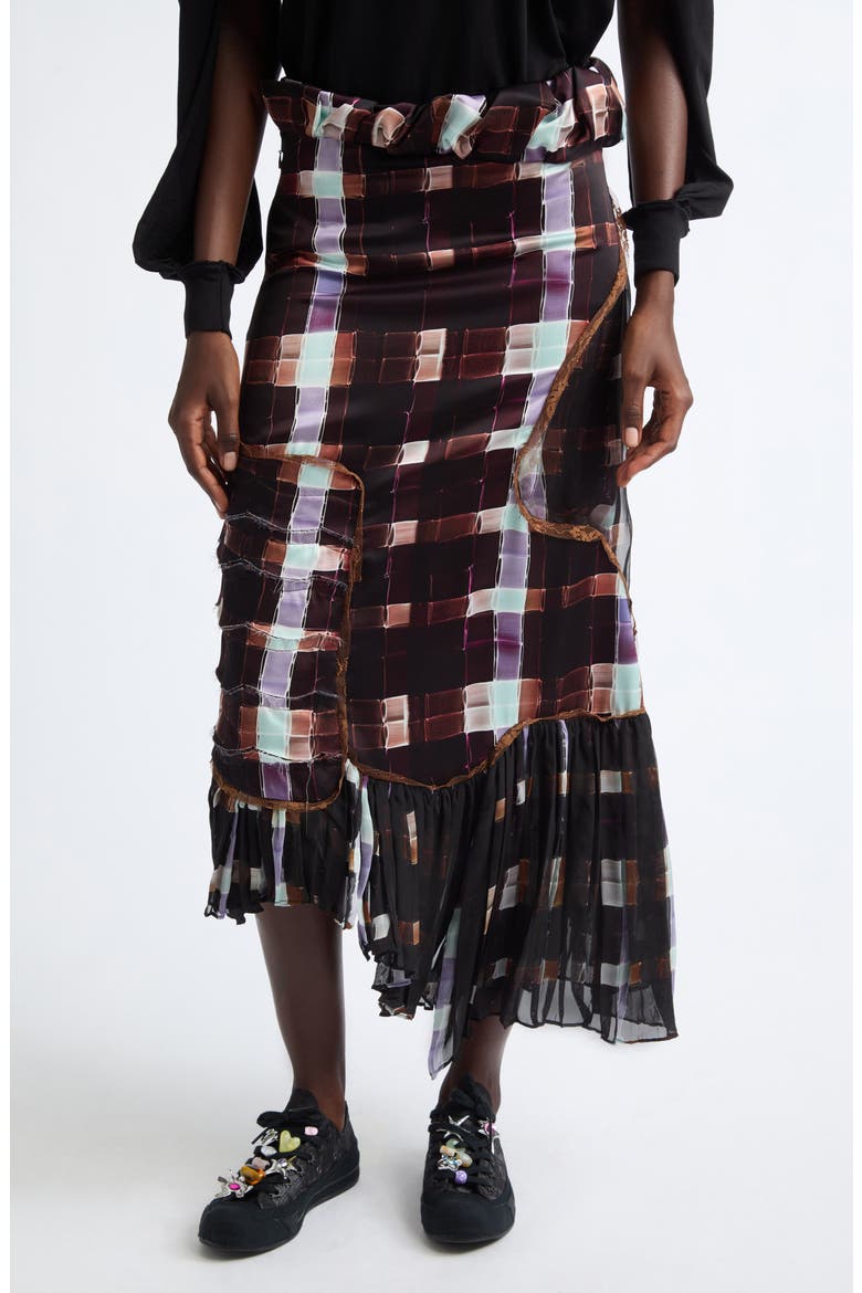 Lily Painted Plaid Asymmetric Satin Midi Skirt, Main, color, CHOCOLATE PAINTED PLAID