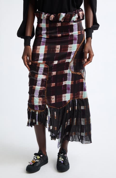 Lily Painted Plaid Asymmetric Satin Midi Skirt
