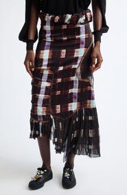 Collina Strada Lily Painted Plaid Asymmetric Satin Midi Skirt