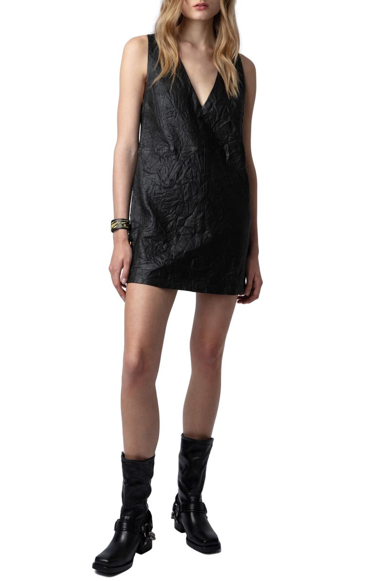 Zadig & Voltaire Rasha Sleeveless Crinkled Leather Minidress, Alternate, color,