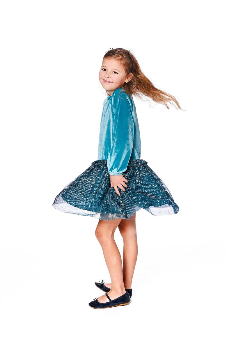 Deux par Deux Long Sleeve Bi-Material Velvet and Pleated Mesh Dress, Main, color, Teal Blue