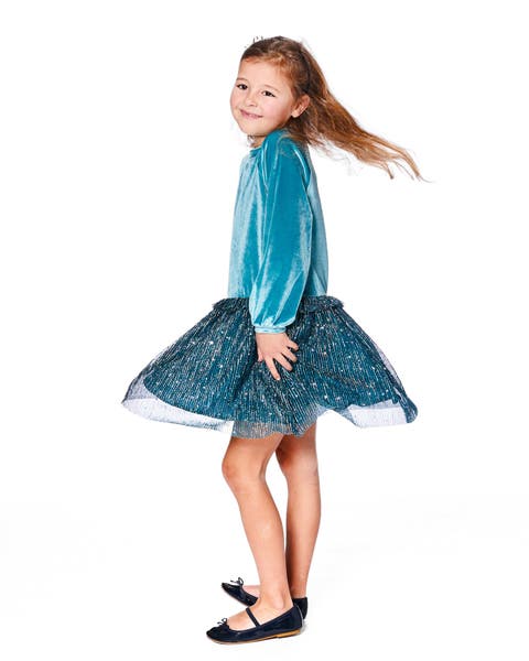 Long Sleeve Bi-Material Velvet and Pleated Mesh Dress (Little Kid & Big Kid)