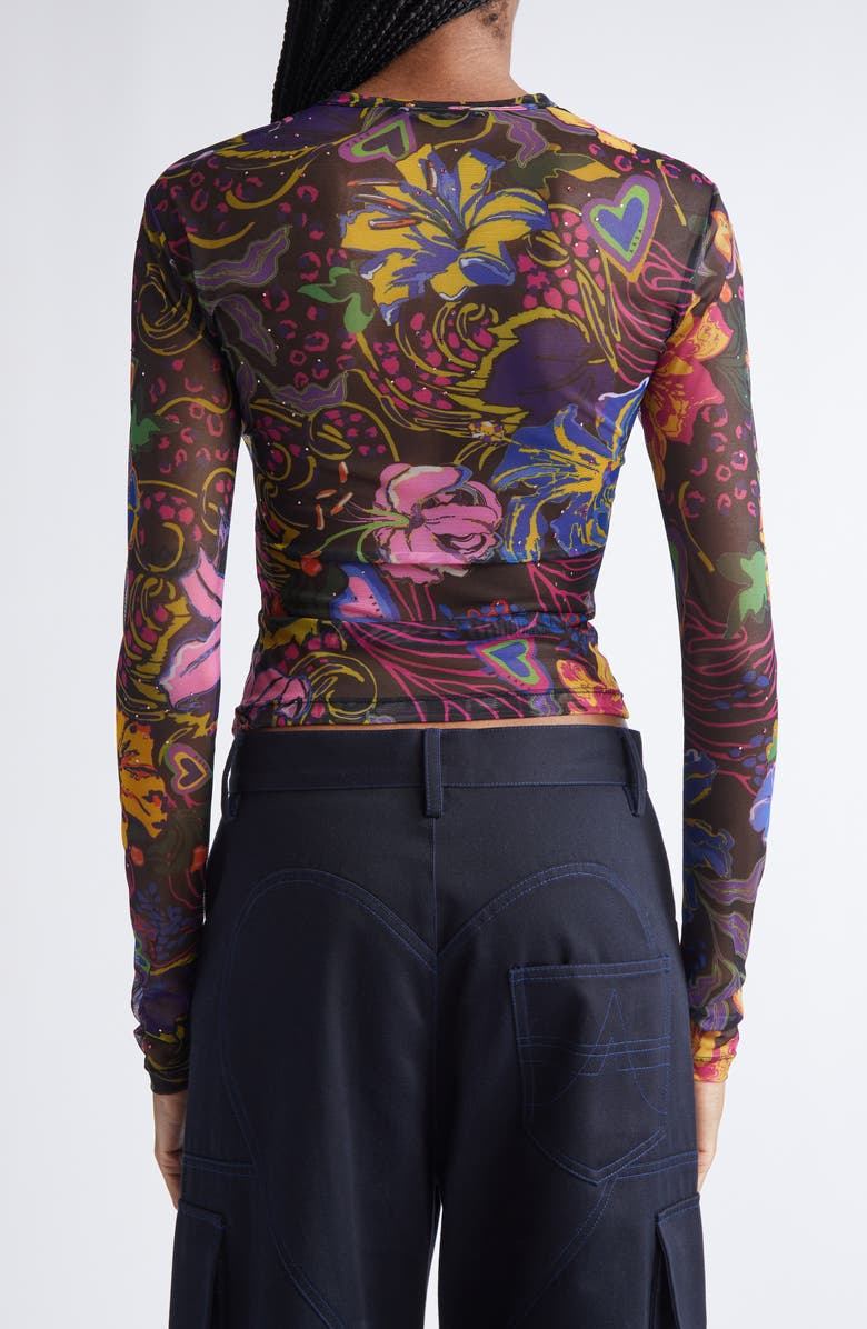 Area Hotfix Printed Tulle Long Sleeve Top, Alternate, color, Black Multi