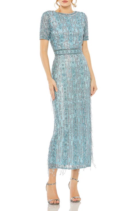 Women's High Neck Short Sleeve Crystal Fringe Column Dress