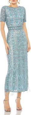 Mac Duggal Women's High Neck Short Sleeve Crystal Fringe Column Dress