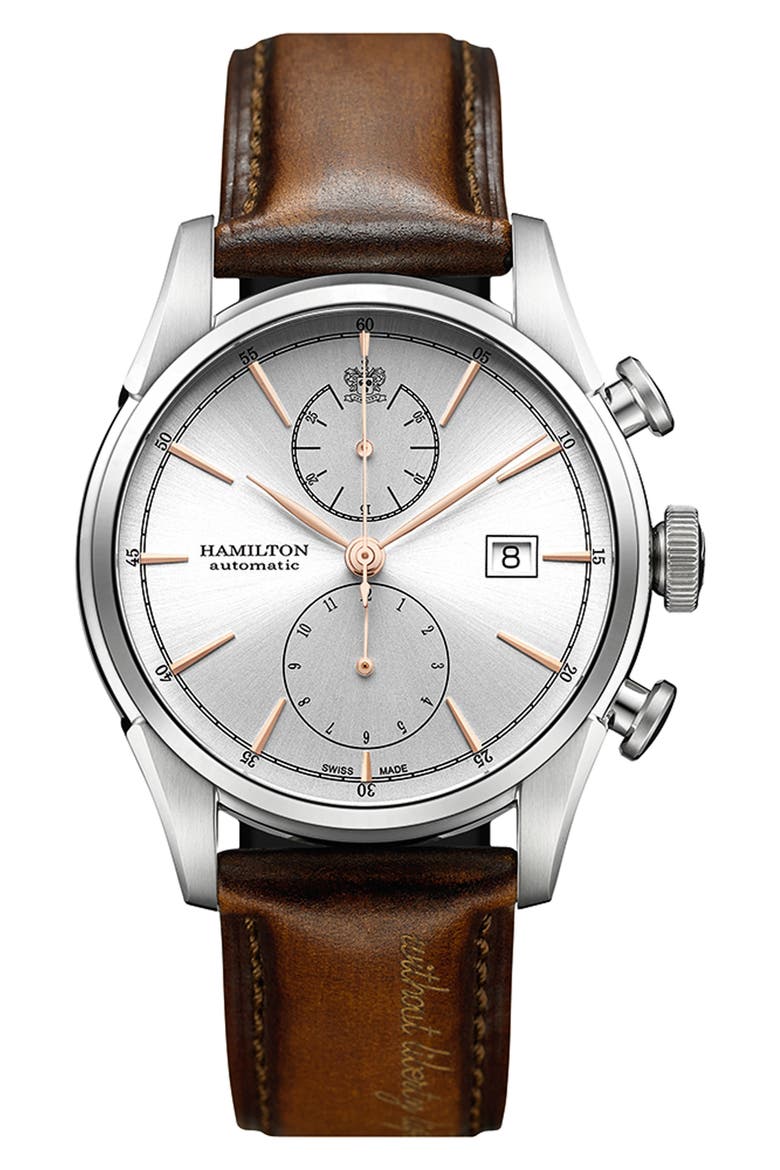 American Classic Automatic Chronograph Leather Strap Watch, 42mm, Main, color, BROWN/ SILVER