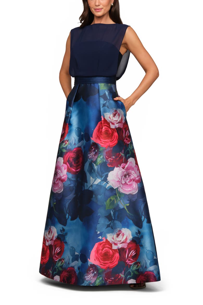Eileen Sleeveless Mixed Media Gown, Alternate, color, INK BLUE MULTI
