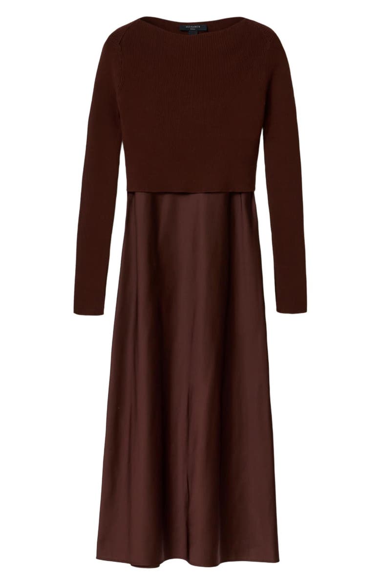 AllSaints Hera Long Sleeve 2-in-1 Rib Sweater & Midi Slipdress, Alternate, color, Bitter Brown