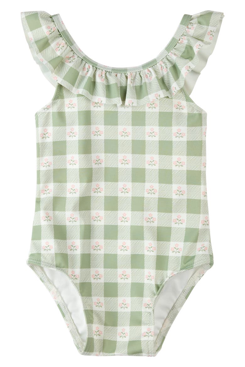 Flowers On Green Gingham Check One-Piece Swimsuit, Main, color, LIGHT GREEN