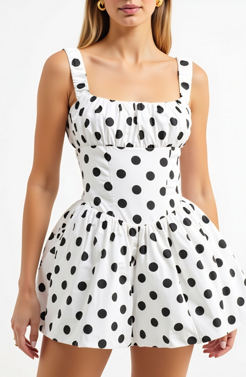 Modenaire Polka Dot Gathered Bust Flared Corset Bodice Mini Dress In White