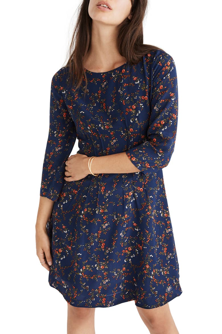 Boat Neck Pintuck Silk Dress, Main, color, WHISPER MOONLESS NIGHT
