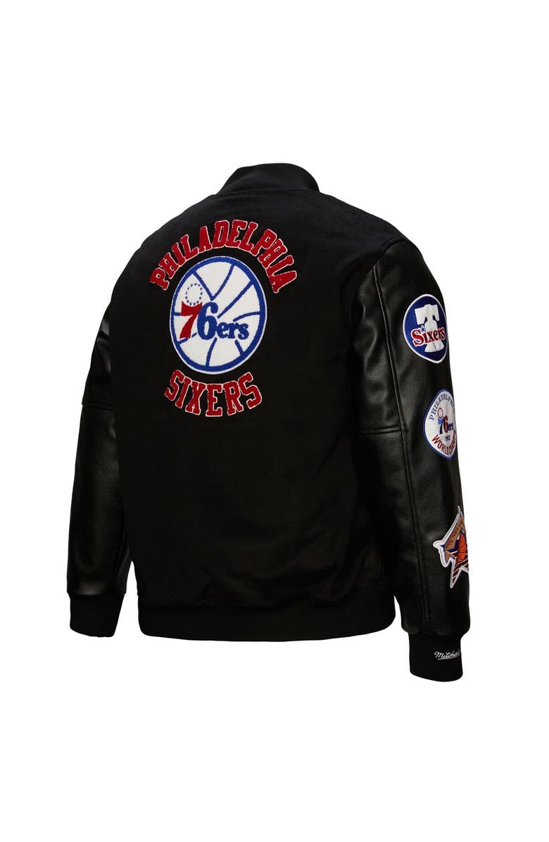 Mitchell & Ness Men's Mitchell & Ness  Black Philadelphia 76ers Hardwood Classics Blackout Collection Full-Snap Varsity Jacket, Alternate, color, 