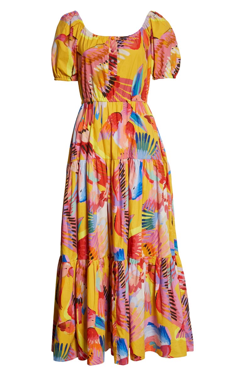 FARM Rio Neon Macaws Puff Sleeve Cotton Maxi Dress, Alternate, color, 