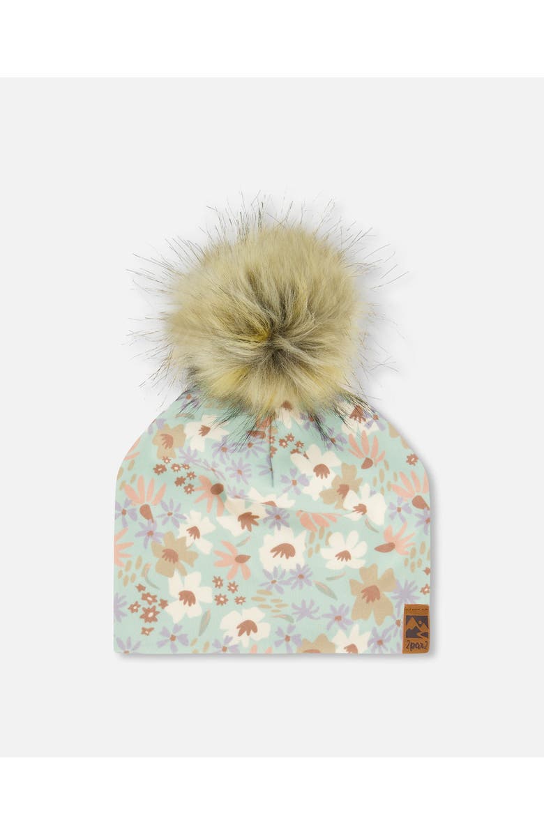 Deux par Deux Girl's Printed Jersey Detachable Pompom Hat Small White Flowers On Turquoise And Lilac, Main, color, 