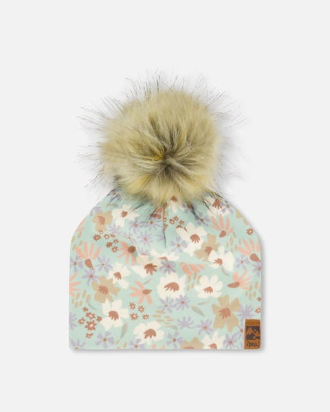 Girl's Printed Jersey Detachable Pompom Hat Small White Flowers On Turquoise And Lilac