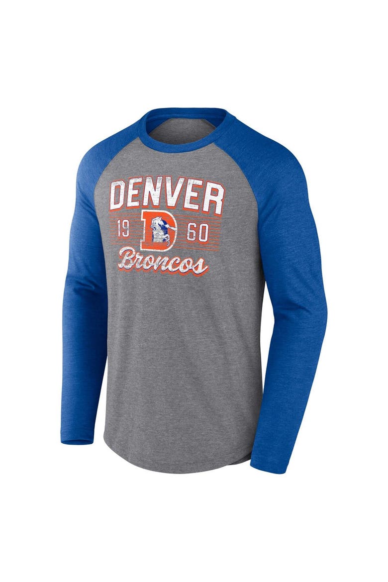 Men's Fanatics Branded Heathered Gray/Heathered Royal Denver Broncos Weekend Casual Raglan Long Sleeve T-Shirt, Alternate, color, Heather Gray