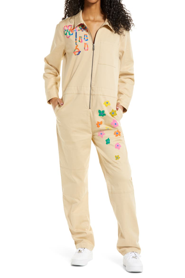 Cristina Martinez Long Sleeve Stretch Cotton Jumpsuit, Main, color, BEIGE FLOWER POP- NO RAIN