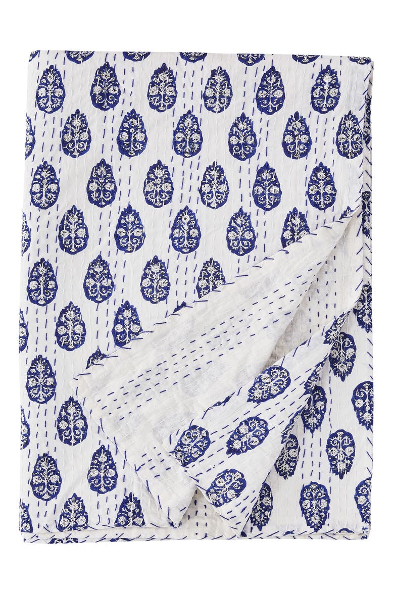 Floral Paisley Kantha Cotton Coverlet, Main, color, INDIGO