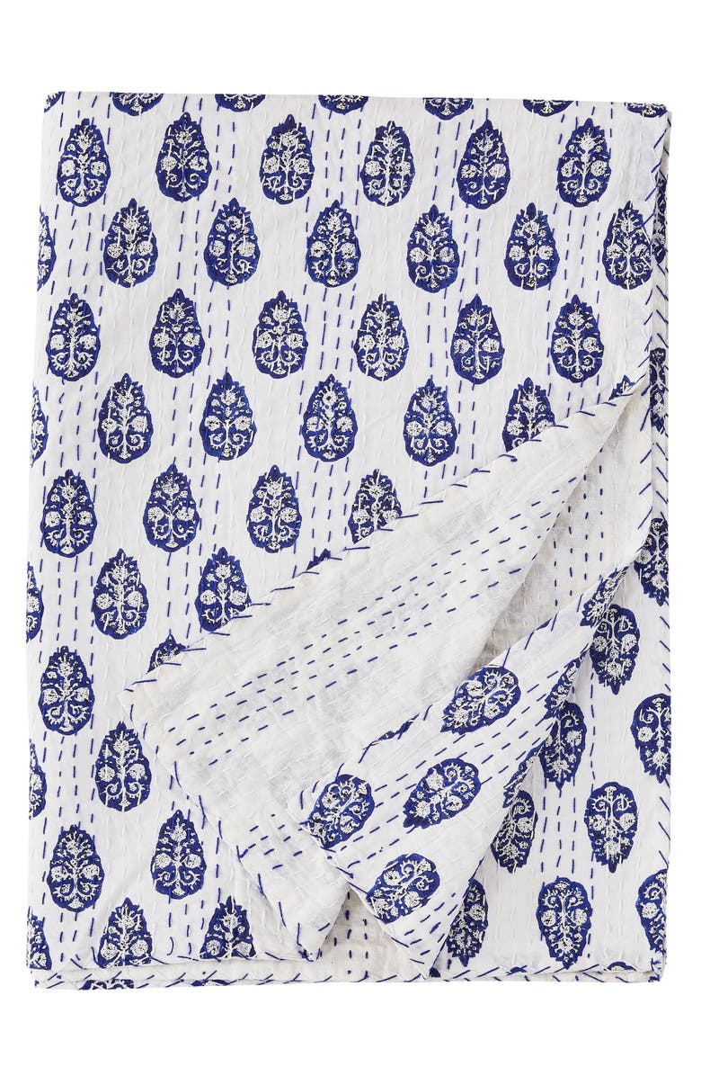 MELANGE HOME Floral Paisley Kantha Cotton Coverlet, Main, color, Indigo