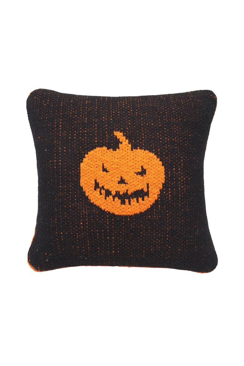 Jack O' Lantern Cotton Knit Small 10" x 10" Autumn Fall Accent Pillow, Main, color, Black