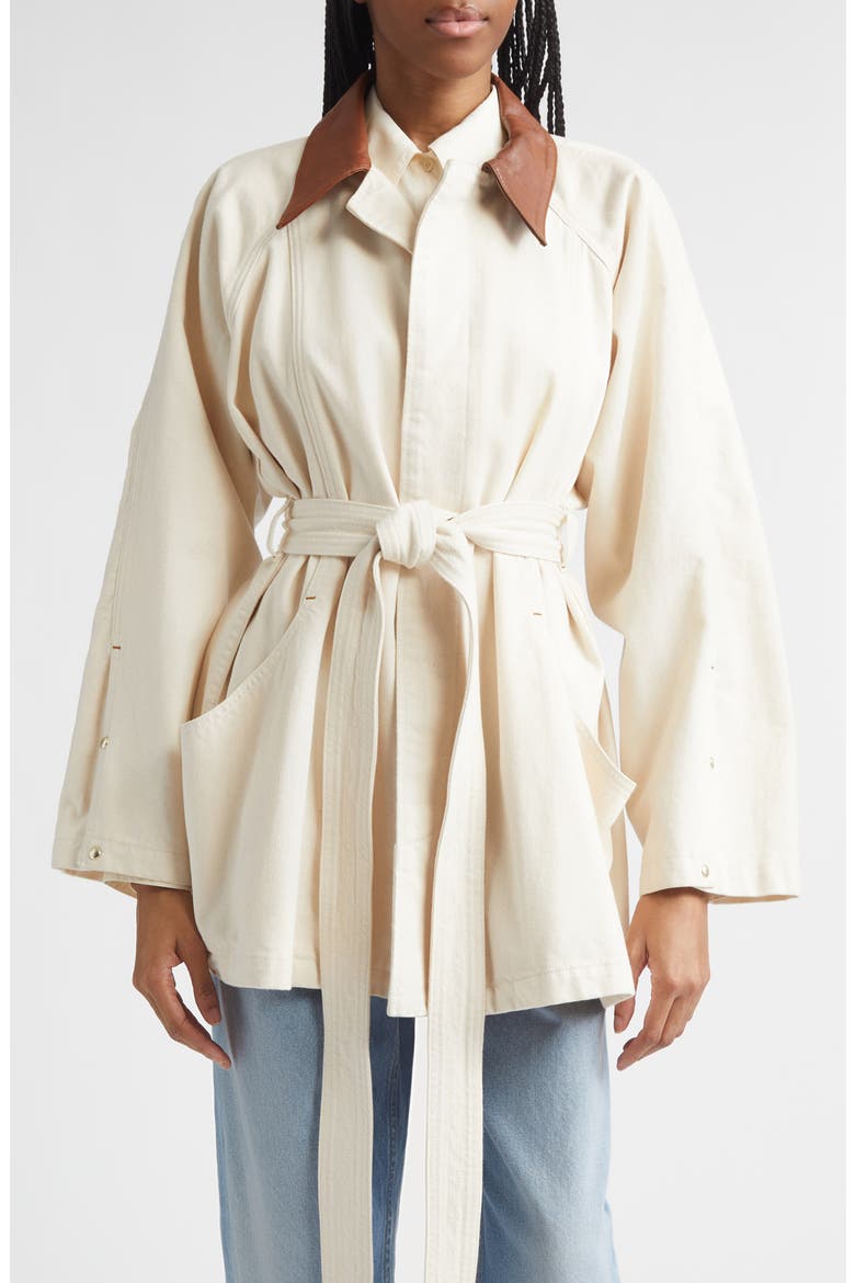 Sweep Belted Denim Jacket with Denim Collar, Main, color, BUFF WASH