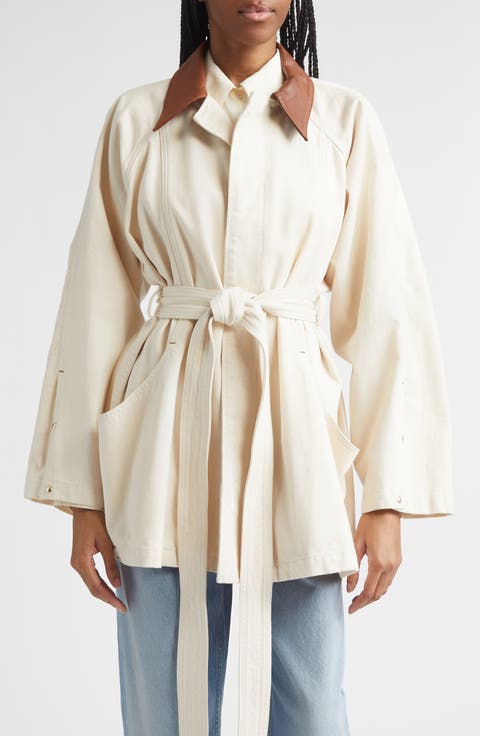 Sweep Belted Denim Jacket with Denim Collar