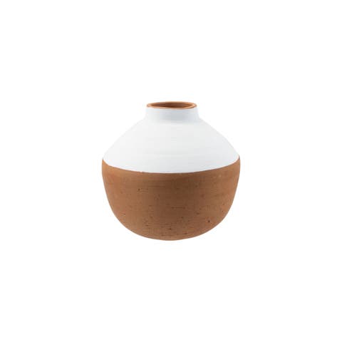 Wide White Painted Natural Terracotta Decorative Vase