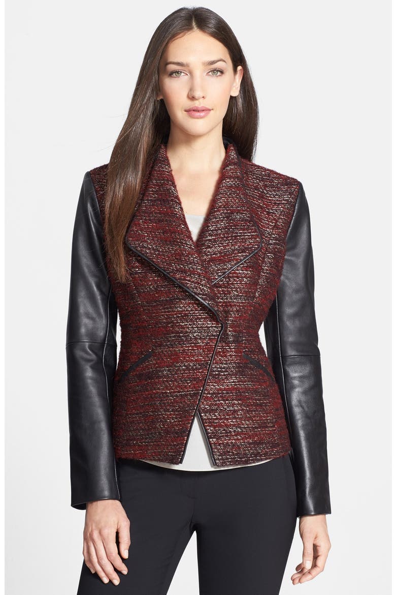 'Larch' Tweed & Leather Jacket, Main, color, BURGUNDY- BLACK COMBO