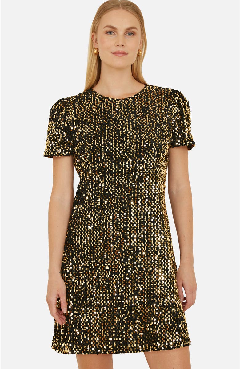 Yumi Sequin Tunic Mini Dress, Alternate, color, Gold