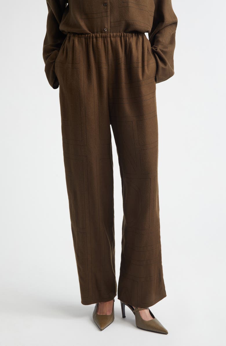 TOTEME Monogram Embroidered Flannel Pajama Pants, Main, color, Dark Brown