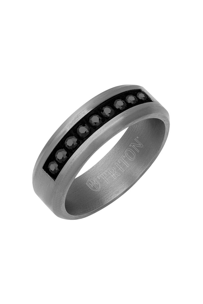 7MM Tantalum Ring with Channel Set Black Sapphires and Bevel Edge, Main, color, Metallic Silver