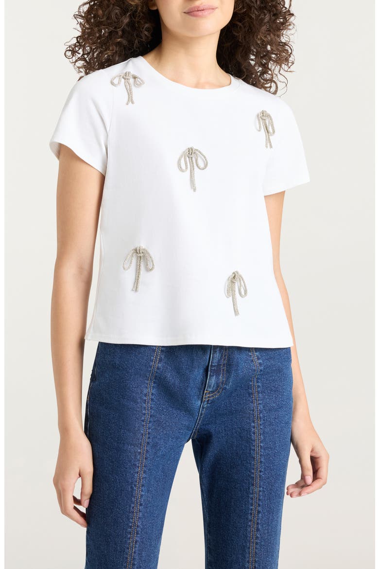 Rhinestone Bow Embellished Cotton Shrunken Tee, Main, color, WHITE