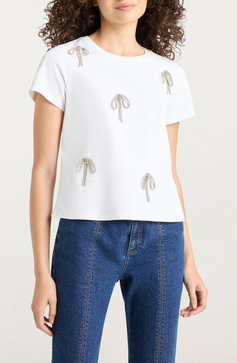 Rhinestone Bow Embellished Cotton Shrunken Tee
