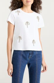 Cinq à Sept Rhinestone Bow Embellished Cotton Shrunken Tee
