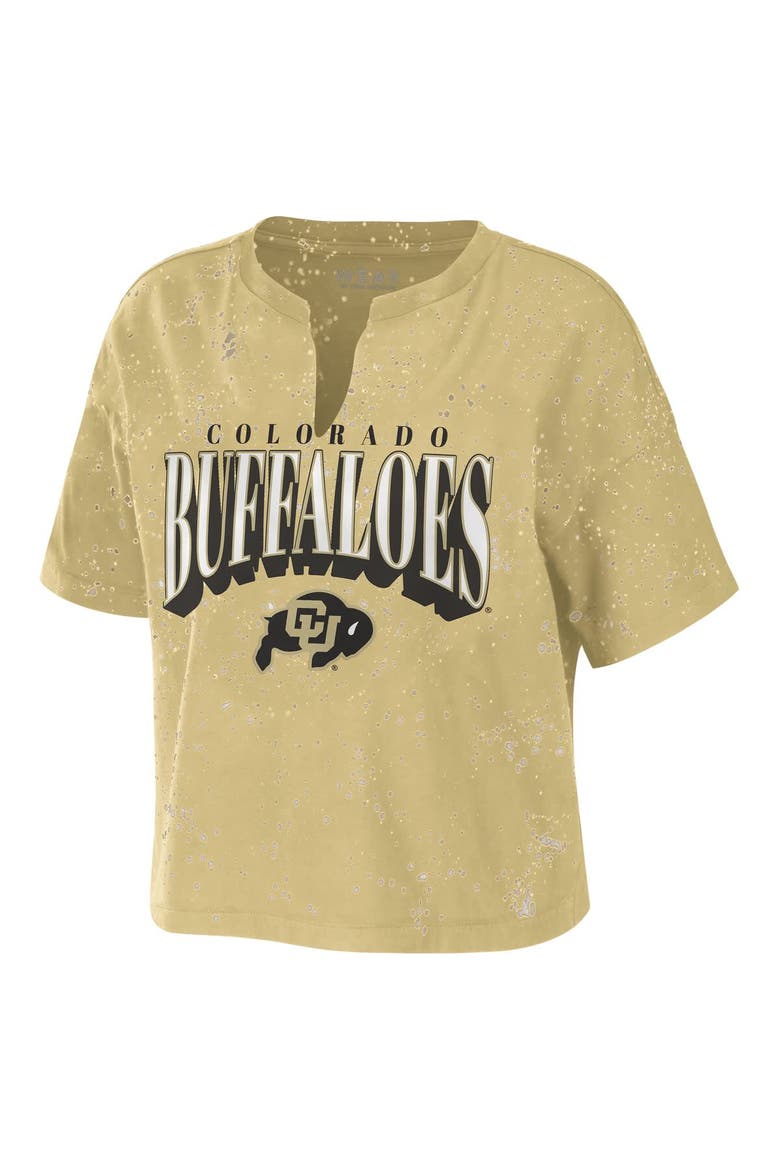 Women's WEAR by Erin Andrews Tan Colorado Buffaloes Bleach Wash Splatter Cropped Notch Neck T-Shirt, Alternate, color, Tan