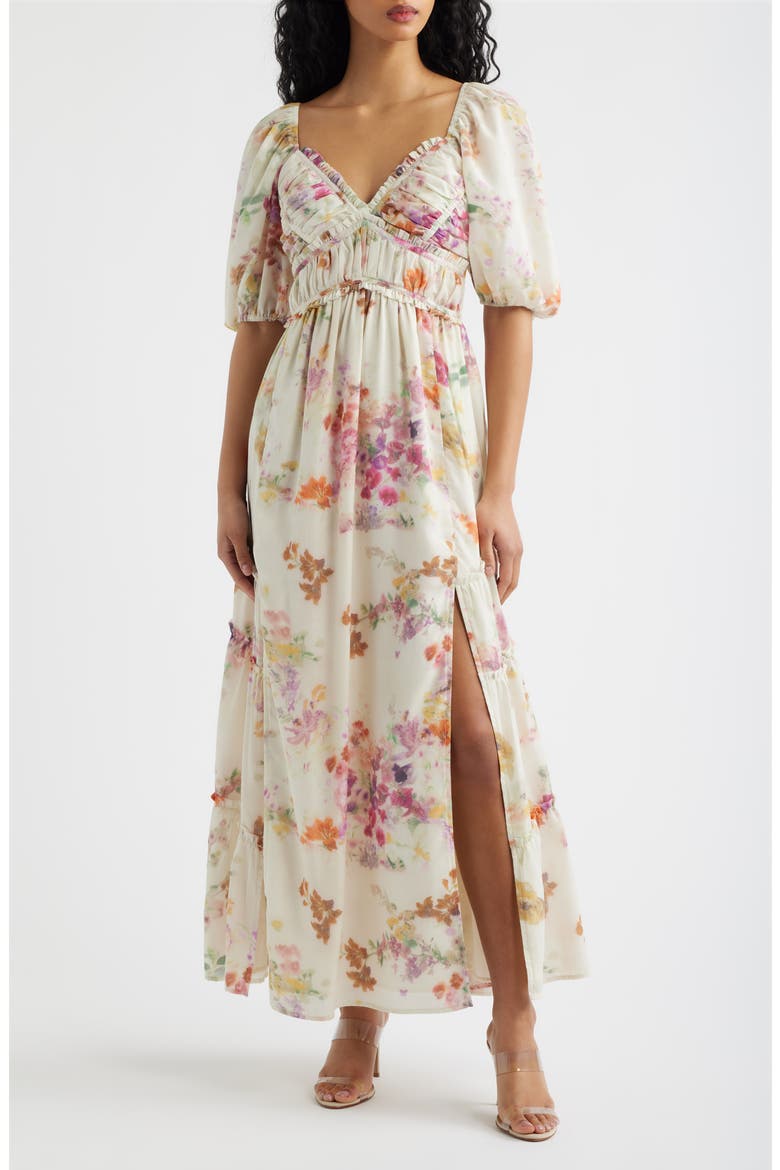 Madison Ruffle Puff Sleeve Maxi Dress, Main, color, IVORY MULTI FLORAL