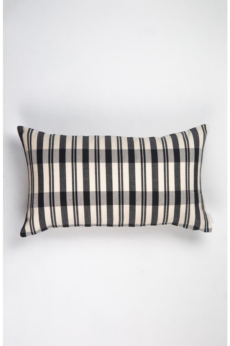 Cecilia Black and Ivory Plaid Rectangle Handwoven Cotton Throw Pillow, Main, color, Black