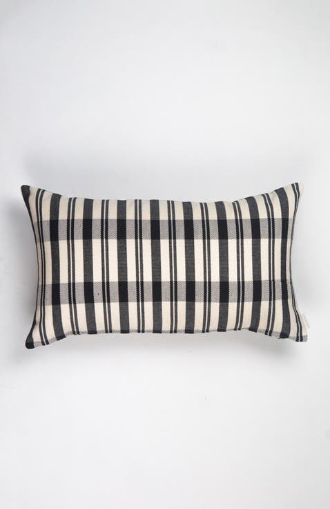 Cecilia Black and Ivory Plaid Rectangle Handwoven Cotton Throw Pillow