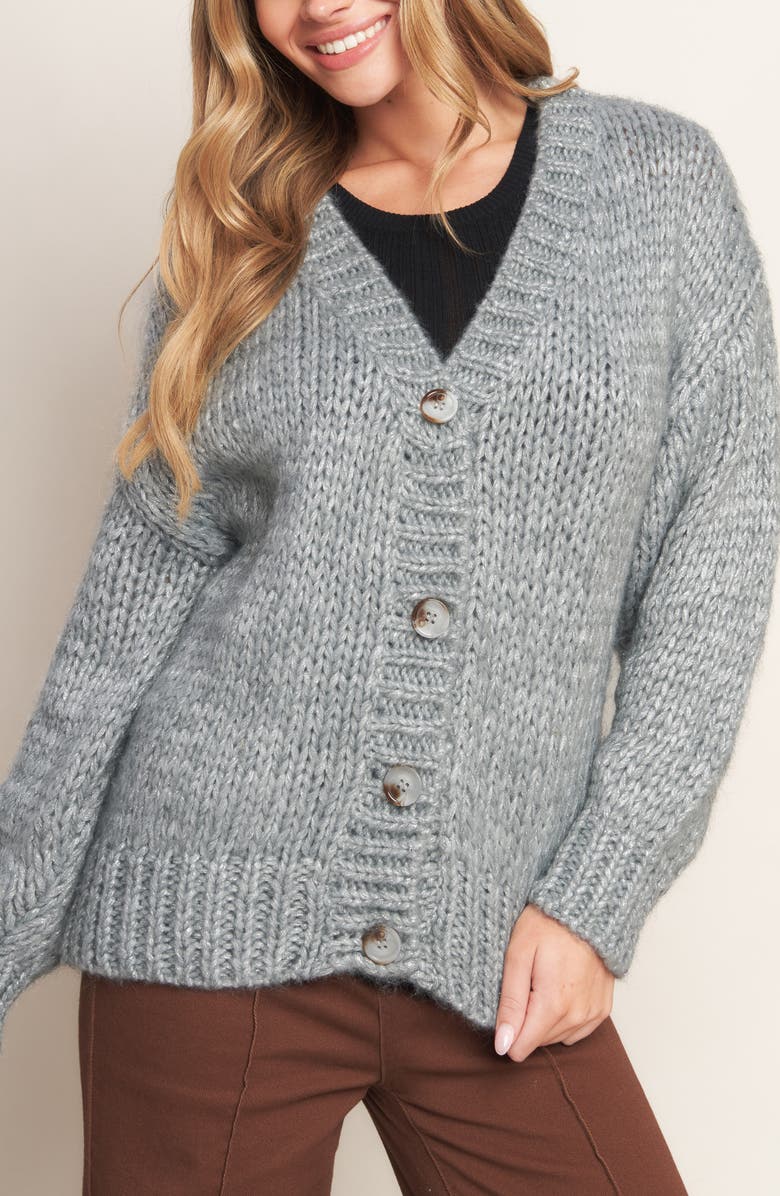 FLYING TOMATO Shimmer V-Neck Cardigan, Alternate, color, Grey/Silver
