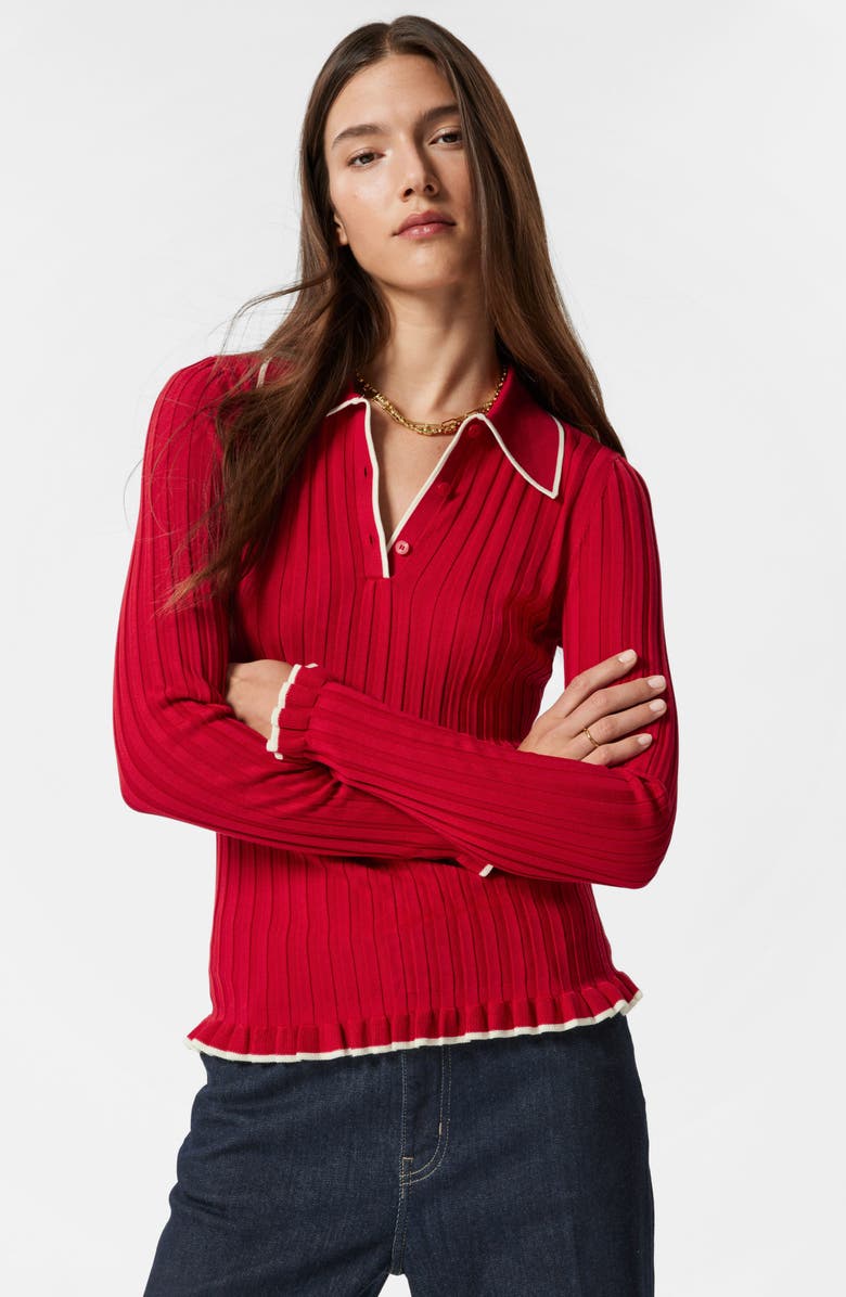& Other Stories Tipped Ribbed Ruffle Trim Polo Sweater, Alternate, color, Red Medium