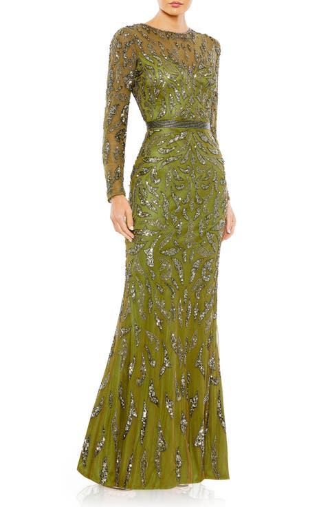 Abstract Beaded Long Sleeve Evening Gown
